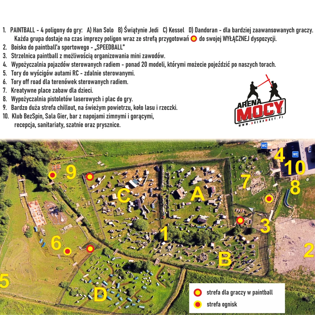 Mapa Areny Mocy - największe pole paintballowe w Polsce